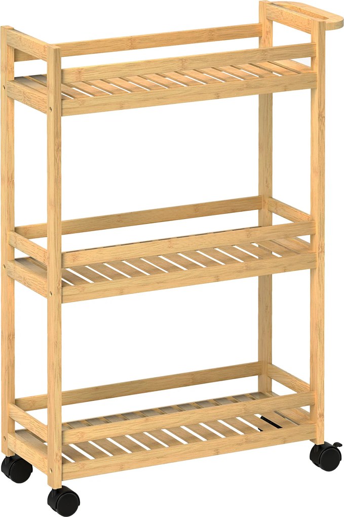 HOMCOM Wózek Serwisowy, 3 Poziomy, Półki Listwowe, Zabezpieczenie przed Wypadaniem, Bambus, 55 x 20 x 75 cm