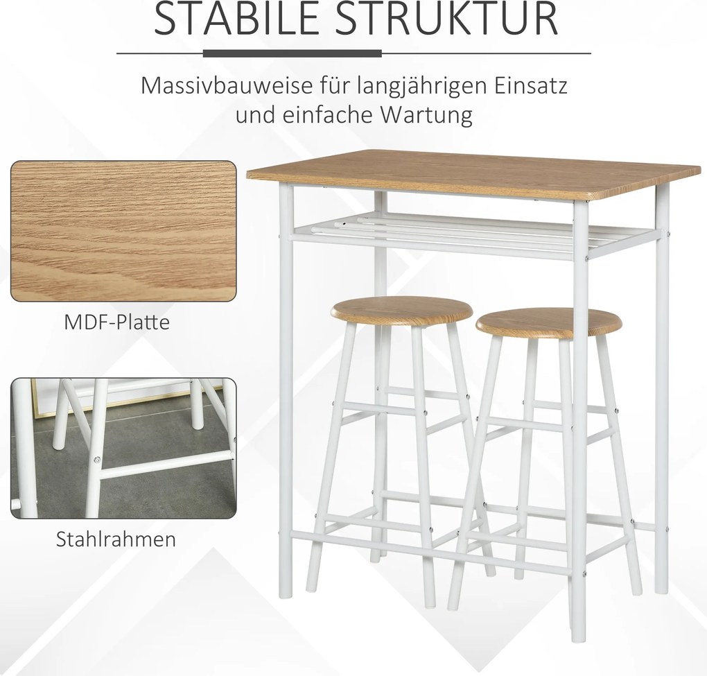 HOMCOM Zestaw barowy stół z drewnianym blatem i białe hokery nowoczesny do kuchni | Aosom PL
