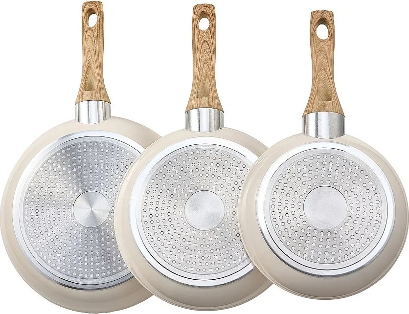 Aluminiowa Patelnia SucceBuy, 3 Sztuki 20/24/28 Cm, Ceramiczna Patelnia z Powłoką Nieprzywierającą i Uchwytem Odpornym na Wysoką Temperaturę, Beżowa