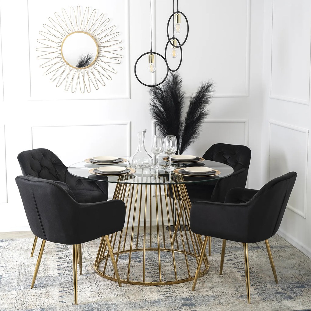 Stół Okrągły Szklany OLIVIER 120 cm ze Złotymi Nogami Nowoczesny do Salonu Glamour