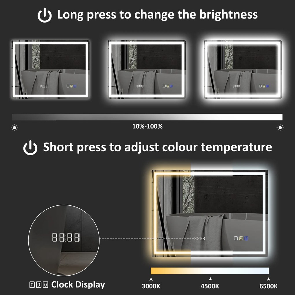 HOMCOM Lustro łazienkowe LED z funkcją przeciw zaparowaniu, 3 regulowane kolory światła, zegar, 600 x 800 mm, Srebrne