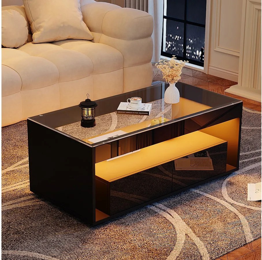 Czarny stolik kawowy - Stolik kawowy do salonu z 2 szufladami i 16-kolorowym oświetleniem LED - Blat ze szkła hartowanego