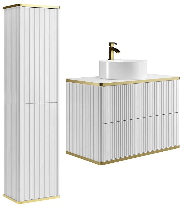 Podwieszana szafka łazienkowa prążkowana z okrągłą umywalką nablatową i kolumną - Biała - 80 cm - KELIZA