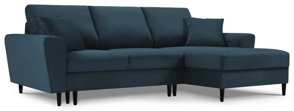 Ciemnoniebieski sztruksowy rozkładany/ze schowkiem narożnik (prawostronny/z szezlongiem) Kyoto – Cosmopolitan Design