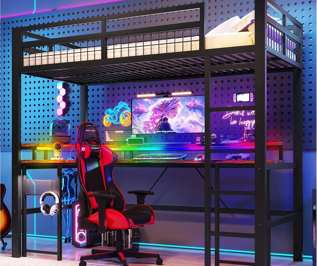 Łóżko na antresoli 90x200 cm - Oświetlenie LED - Wbudowane biurko - 1 port USB + 1 port Type-C + 2 gniazdka elektryczne - Czarny​ (materac nie jest wliczony w cenę)