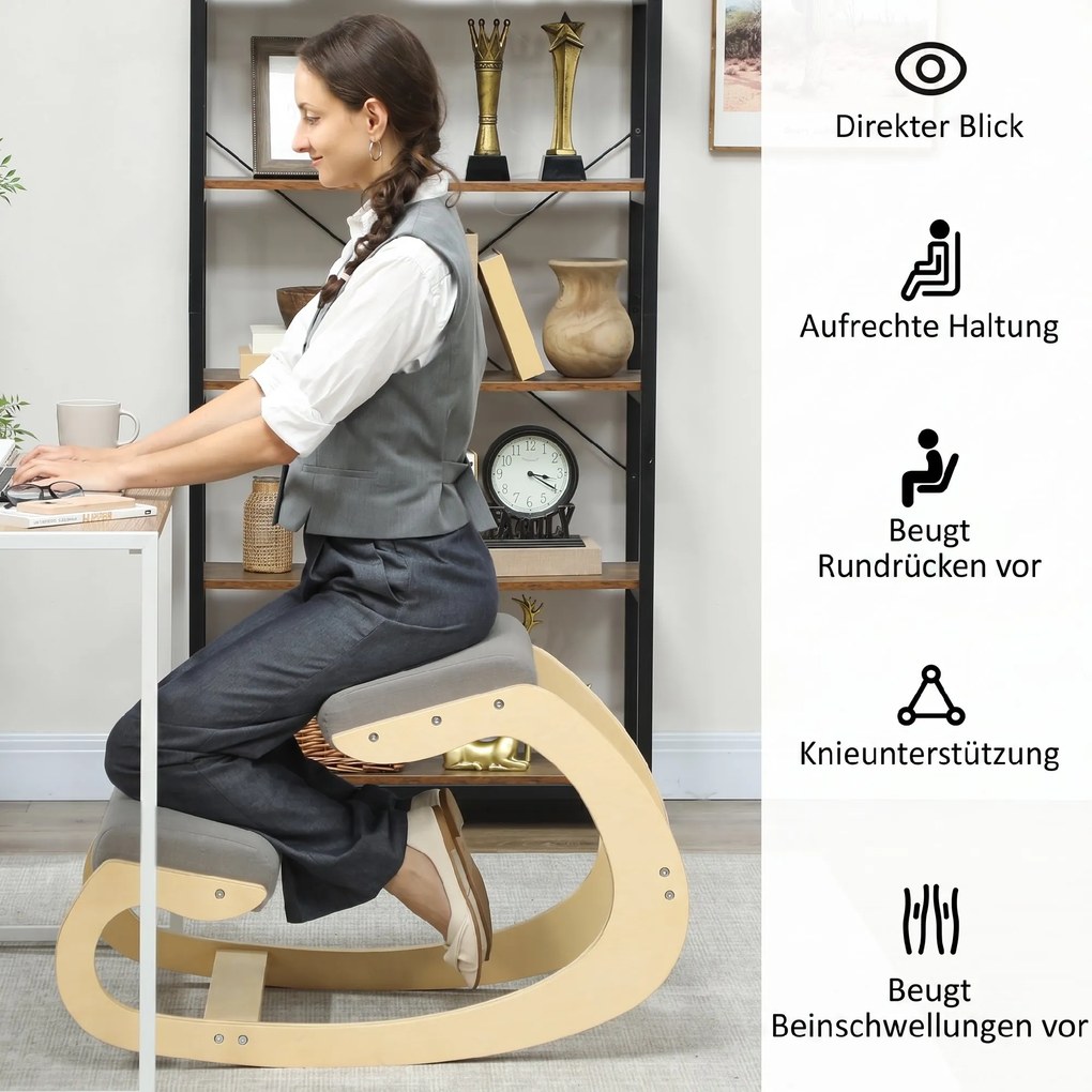 HOMCOM Ergonomiczne, bujane krzesło klęczące do home office, do poprawy postawy, jasnoszary | Aosom PL