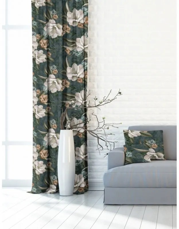 Zasłona dekoracyjna w kwiaty wzór magnolia zielona - szer. 150 cm