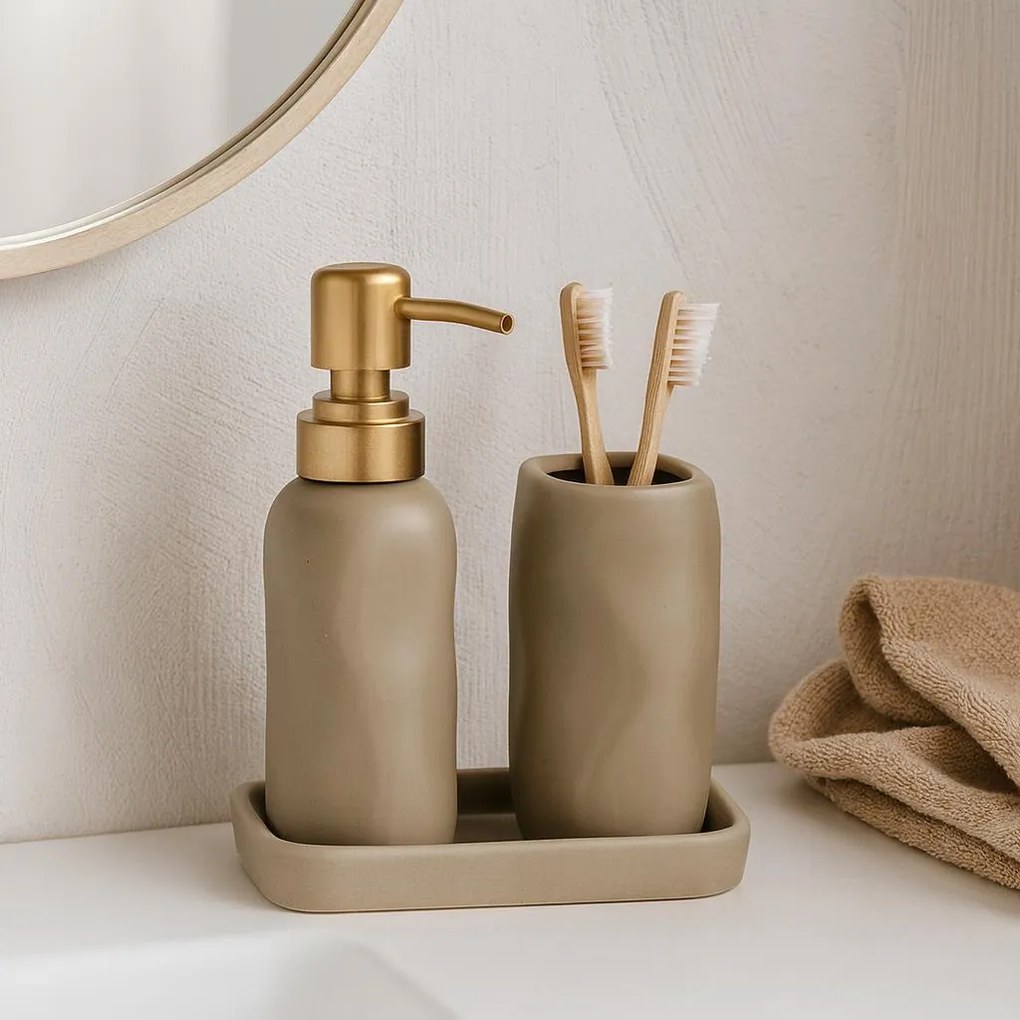 Zestaw łazienkowy EON, ceramiczny dozownik ze złotą pompką, kubek i taca