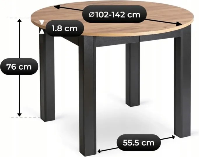 Zestaw Stół Okrągły Rozkładany HARRY 102-142 cm Dąb Craft/Czarny i 4 Krzesła Tapicerowane PERU Szare
