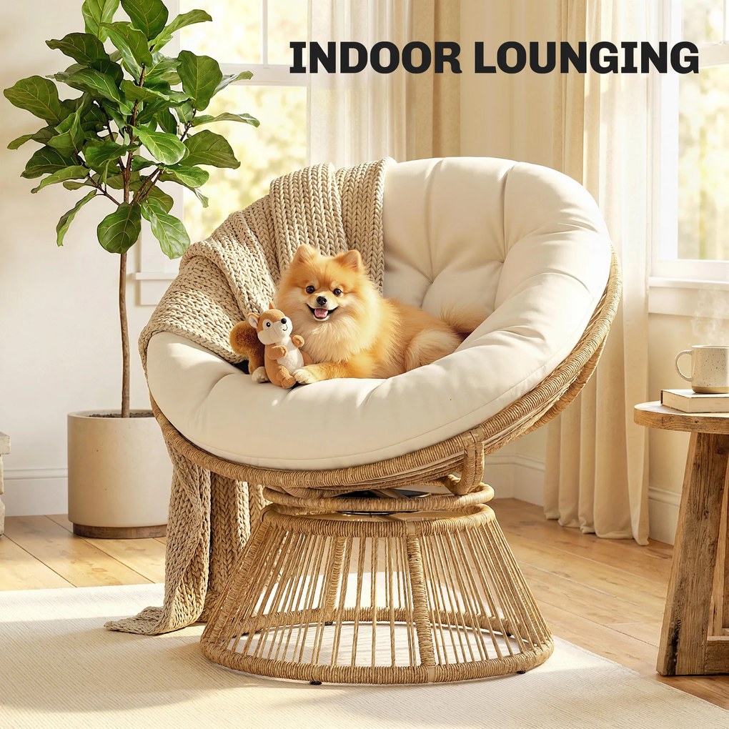 Outsunny Fotel Papasan 360° obrotowy z poduszką stalowa rama okrągły fotel z rattanu fotel wypoczynkowy kremowy | Aosom PL