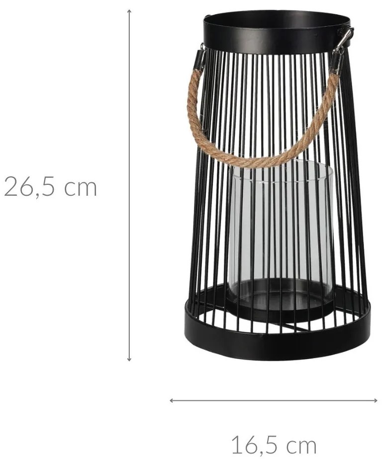 Lampion metalowy czarny, uchwyt ze sznurka