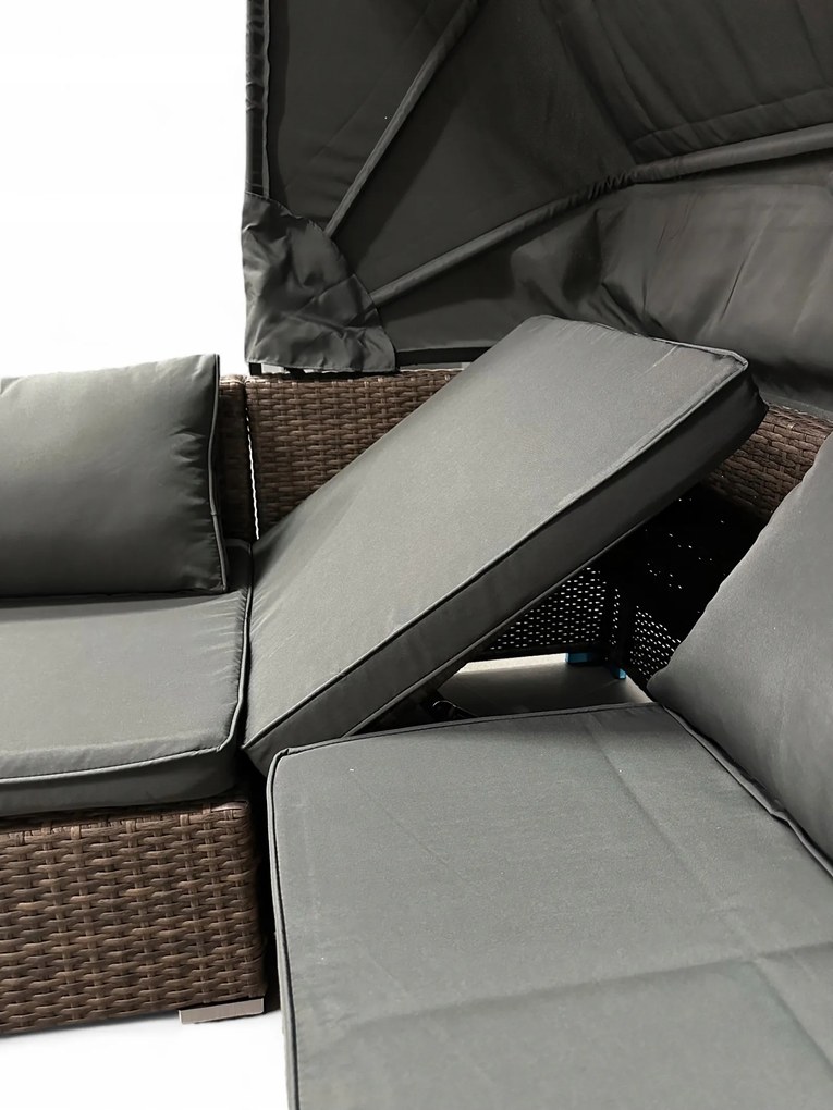 Wielofunkcyjny zestaw mebli ogrodowych - narożnik, leżanka z daszkiem Galicja 101 jasny brąz, poduszki szare