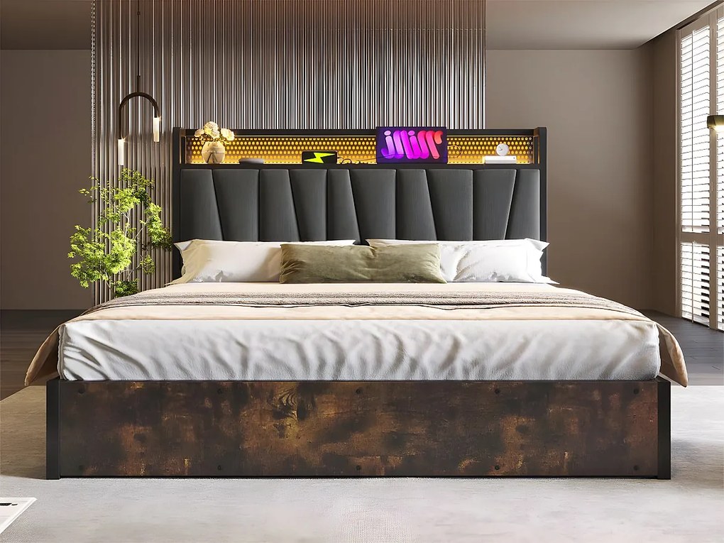 Łóżko z pojemnikiem 160x200cm z tkaniny lnianej - z LED, portami ładowania i stelażem na listwy - Szare