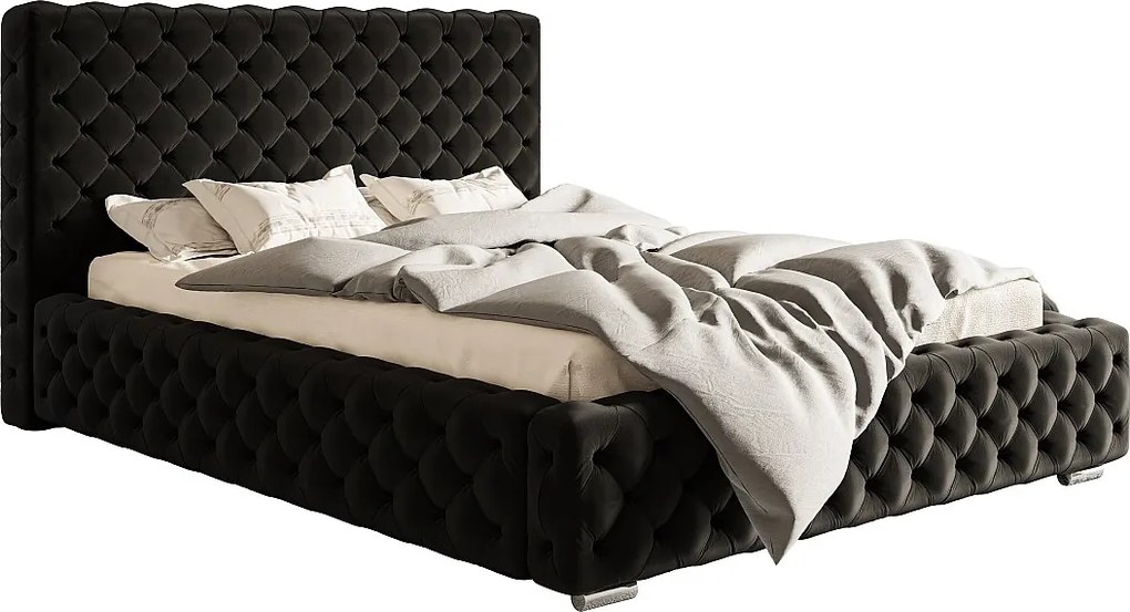 Łóżko pikowane 160x200 cm Adonis - pojemnik i stelaż metalowy, tkanina aksamitna - czarny (Amor Velvet 4322)