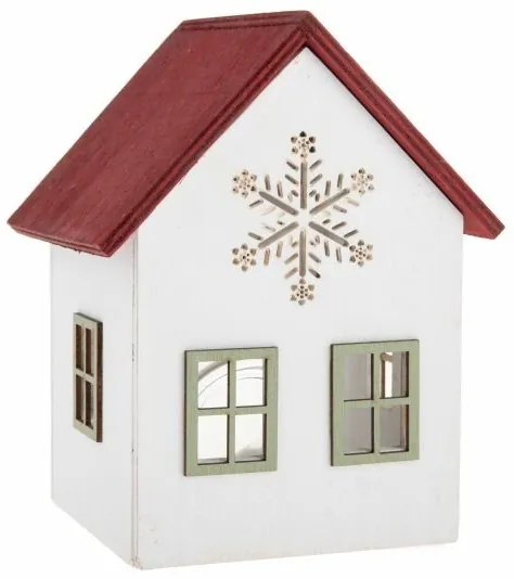 Świecznik drewniany ze szkłem Domek ze śnieżynką, 15 cm, czerwony