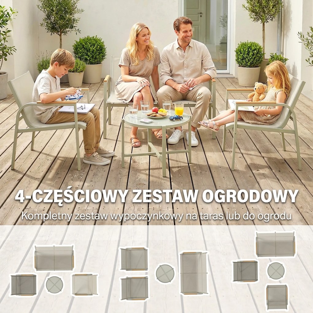 Outsunny Zestaw mebli ogrodowych metalowy, odporny na warunki atmosferyczne, sofa 2-osobowa, 2 fotele, stolik, zielony | Aosom PL