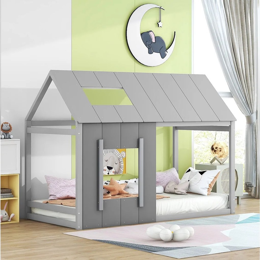 Łóżko dziecięce 90x200 cm z dachem i oknem, drewniany stelaż listwowy, szare – bez materaca