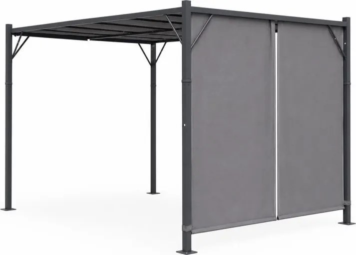 Szara pergola ogrodowa FG-362 z regulowanym zadaszeniem i roletami bocznymi