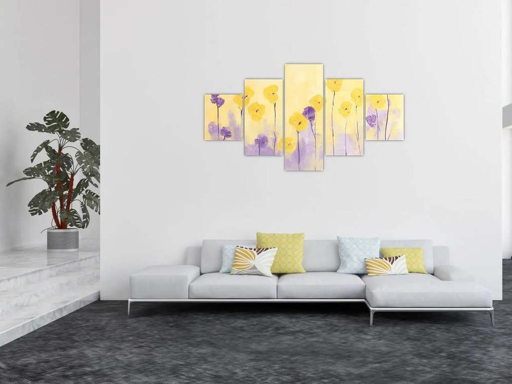 Obraz - Fioletowe i żółte kwiatuszki (125x70 cm)