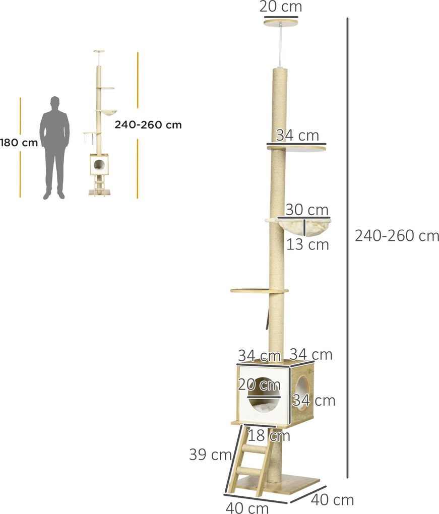PawHut Drzewko do Drapania od Podłogi do Sufitu Jasnobrązowe | Aosom PL