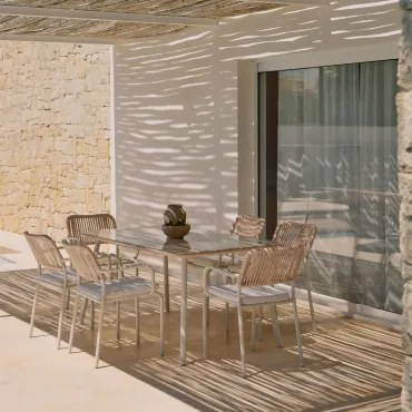 Zestaw Stołu Prostokątnego 160x90 Cm I 6 Sztaplowanych Krzeseł Ogrodowych Z Plecionej Liny Arhiza Kremowa Tapioca - Sklum