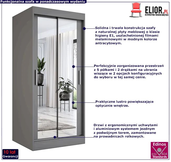 Antracytowa szafa przesuwna z lustrem - Kukkin 2X
