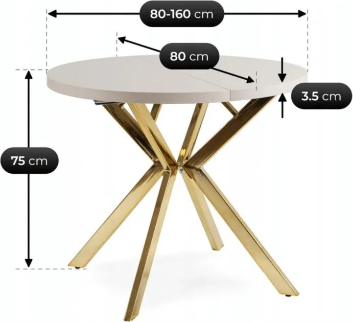 Stół Okrągły Rozkładany DORIAN 80-160 cm Kaszmir/Złoty Glamour