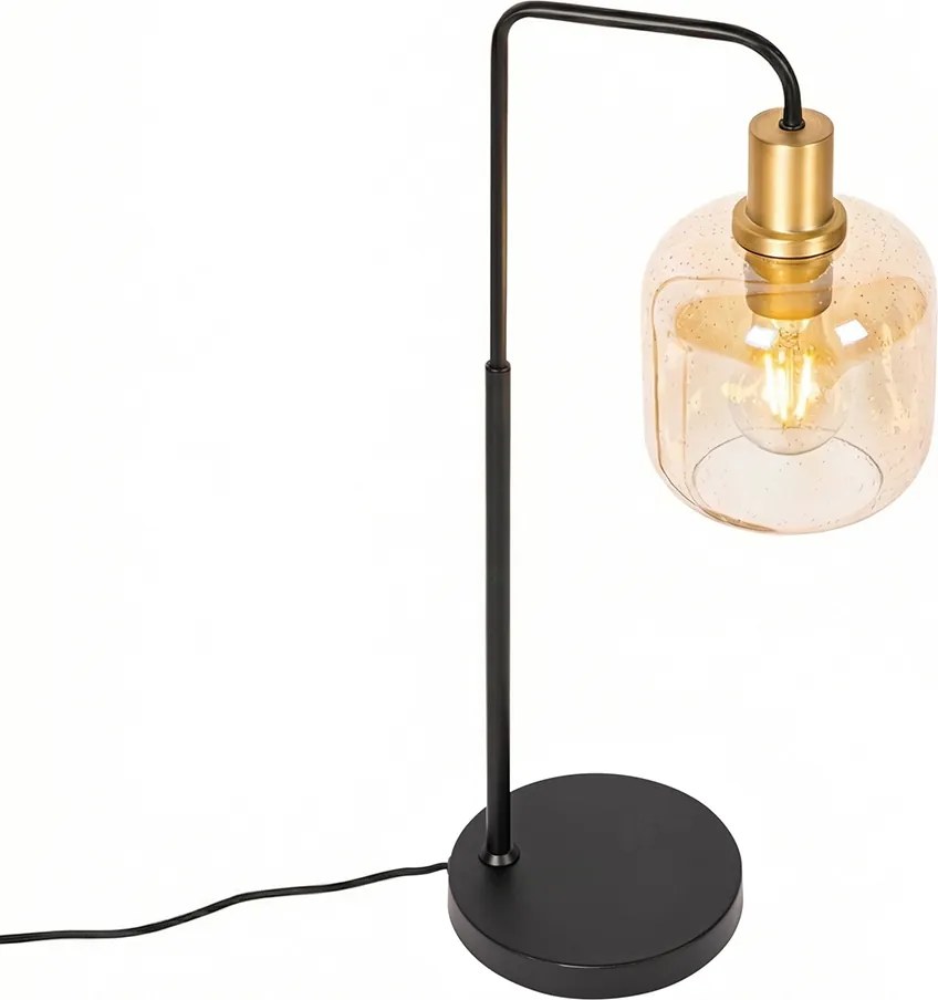 Designerska lampa stołowa czarna z mosiądzem i bursztynowym szkłem - Zuzanna