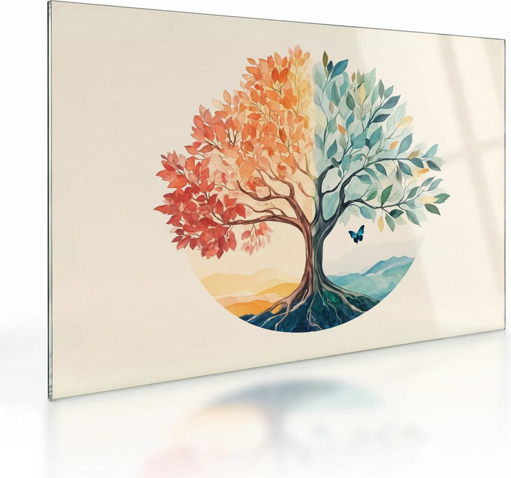Obraz na szkle – Podwójne drzewo z motylem (70x50 cm)