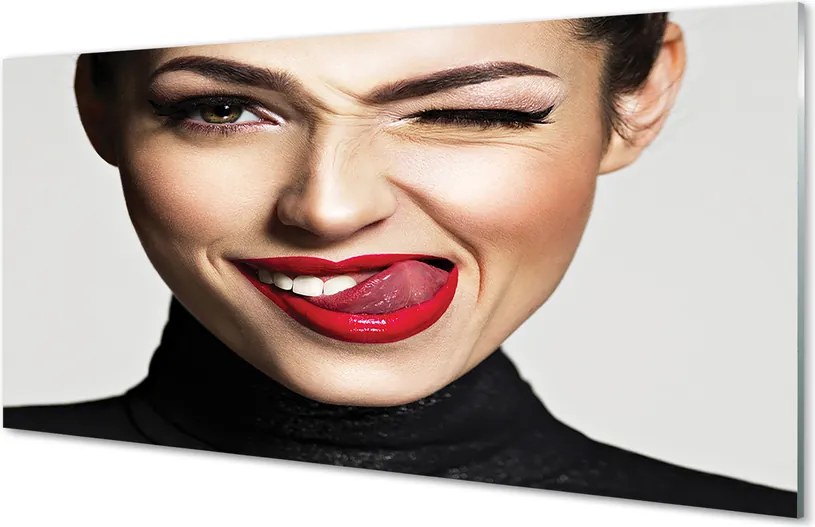 Szkło do Kuchni na Ścianę Portret z Czerwonymi Ustami