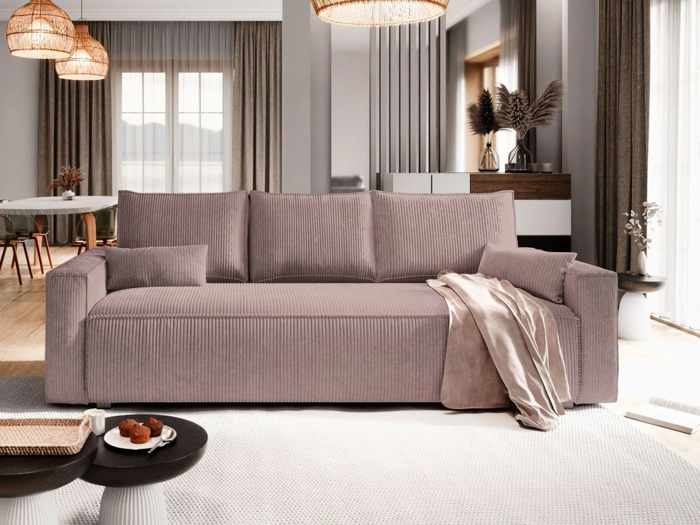Masseno Sofa MENI z funkcją spania i pojemnikiem na pościel, Rozkładana sofa - Wrzosowy, POSO 130
