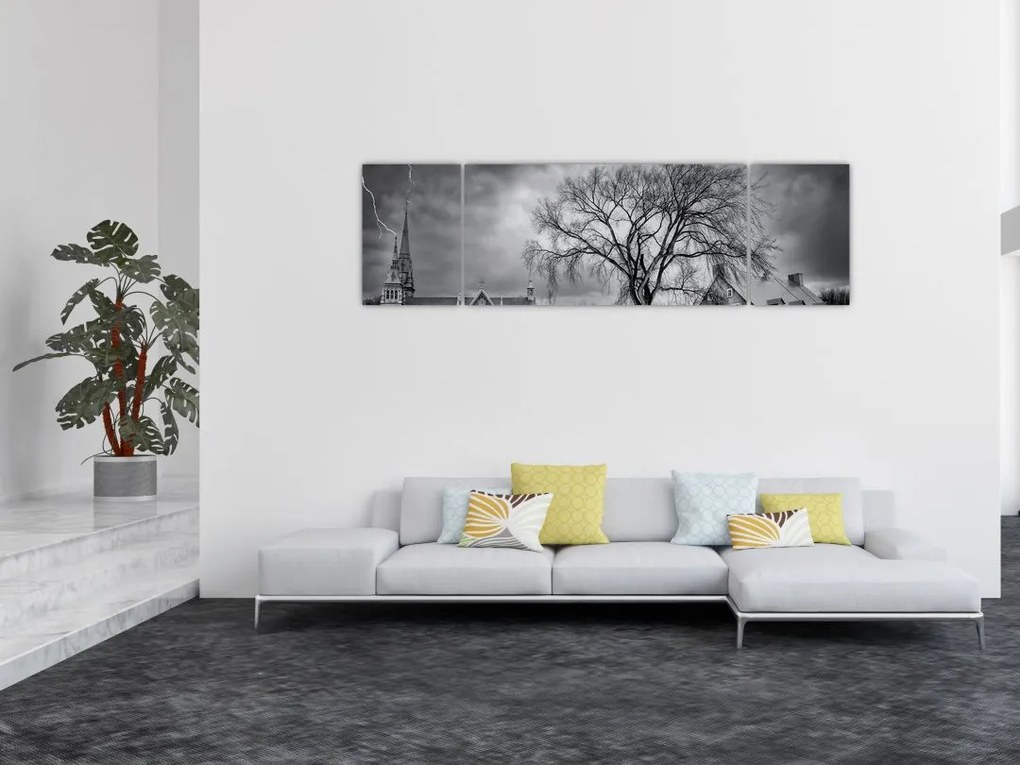 Obraz czarno - białej wioski (170x50 cm)