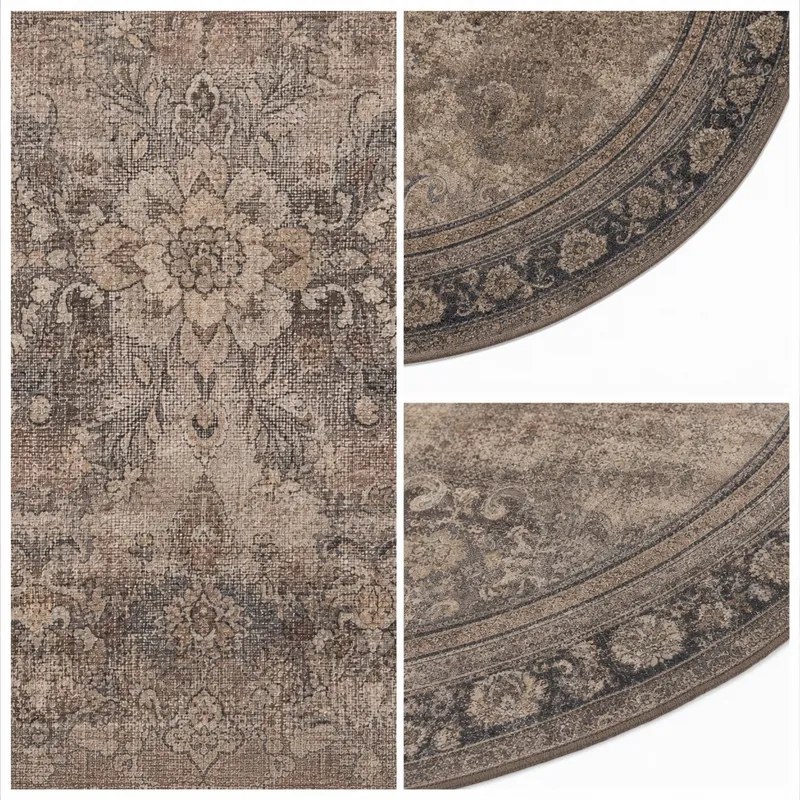 Dywan vintage INKA Oriental z Efektem Postarzenia Brązowy koło 120 cm x 120 cm