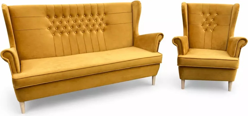 Tapicerowany zestaw w stylu skandynawskim - sofa uszak 3 osobowa i fotel uszak