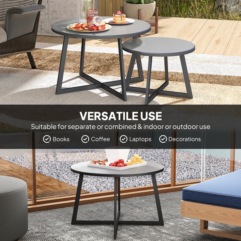 Outsunny Zestaw 2 Składanych Stolików Pomocniczych, Stolik Ogrodowy Okrągły, Odporny na Warunki Pogodowe, Balkonowy z Nogami X, Blat ze Szkła Hartowanego Stal, Czarny+Szary