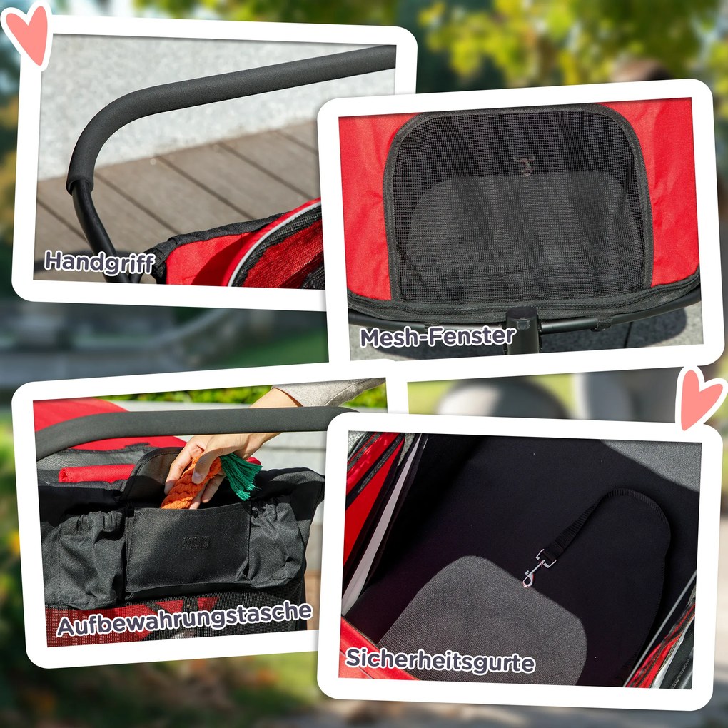 PawHut Wózek dla psa, składany, składany, poduszka, stalowa rama, Czerwony/Czarny