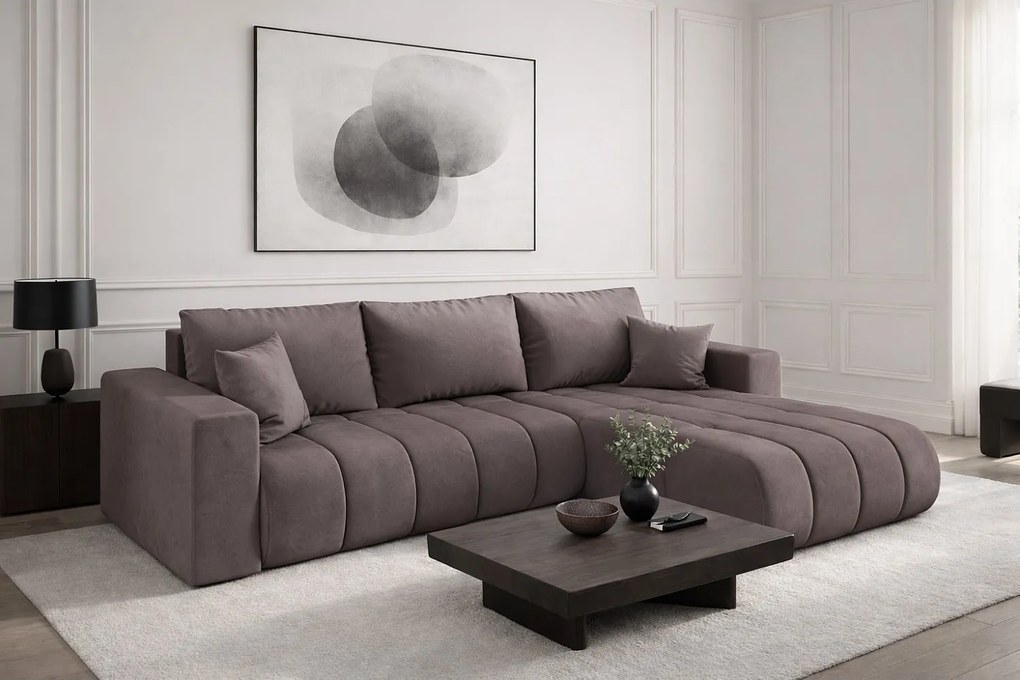 Narożnik z funkcją spania i pojemnikiem MILO PREMIUM, tkanina Monolith, Fioletowy, Prawy