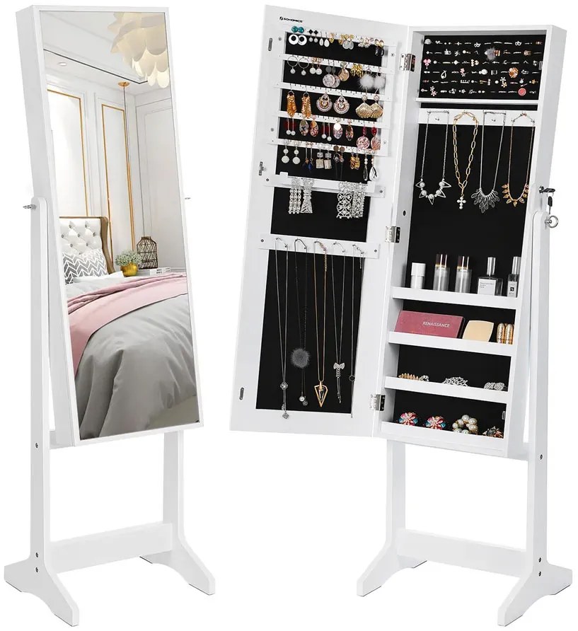 Biała szafka na biżuterię z lustrem na klucz N8-S66