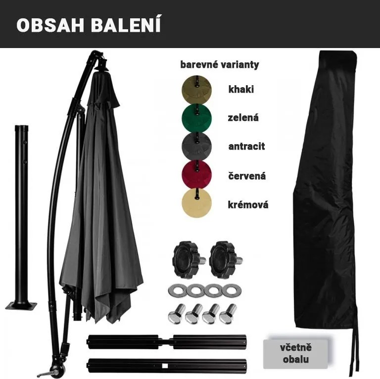 STILISTA Parasol ogrodowy z rączką 3 m, czerwony + LED