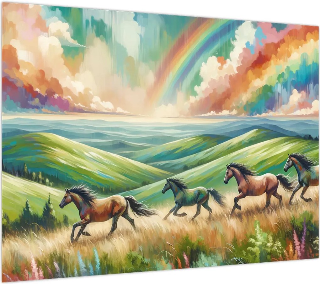 Obraz na szkle – Konie galopujące przez krajobraz (70x50 cm)