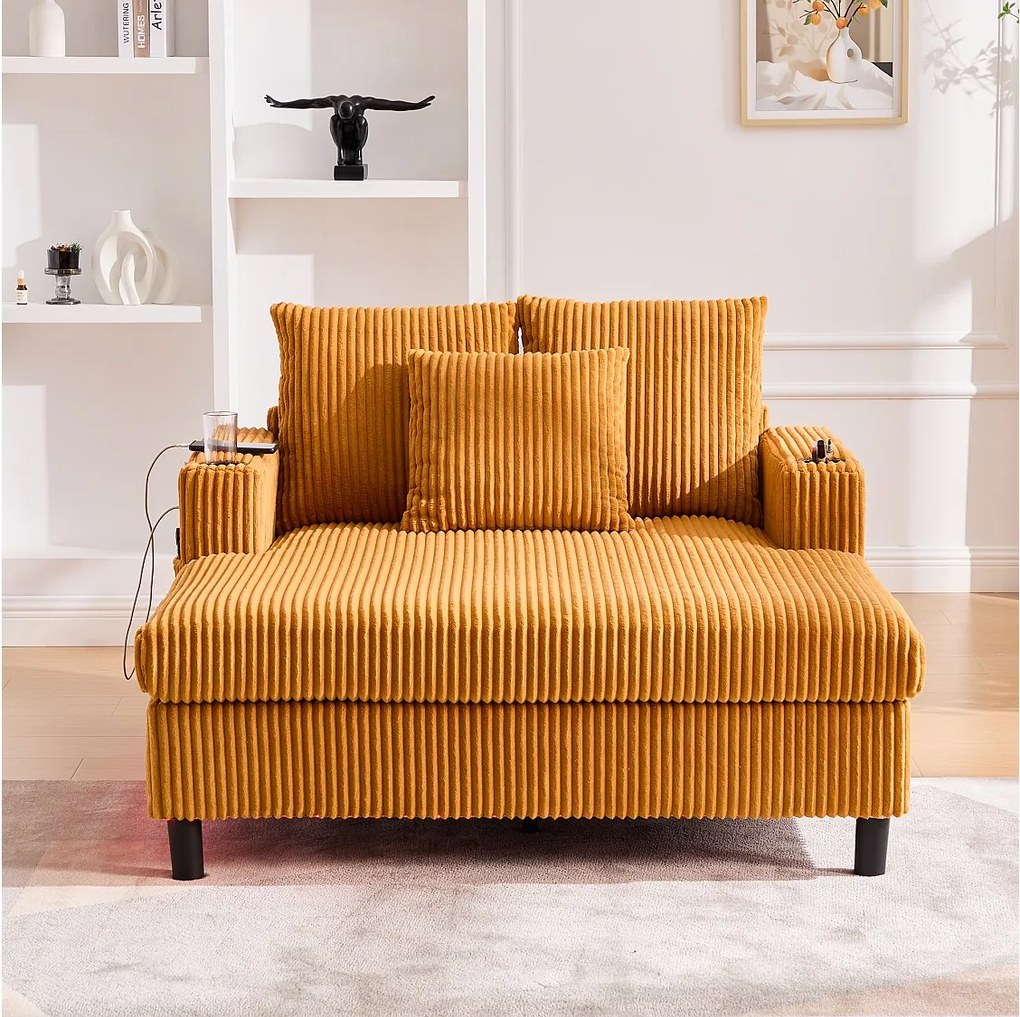 Sofa lounge z żółtego pluszu z portem USB, oświetleniem LED i uchwytami na kubki