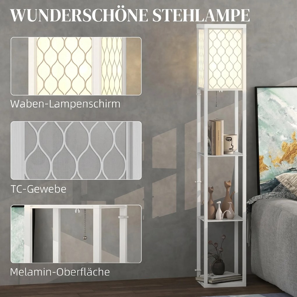 HOMCOM Lampa stojąca z półką, 3 półki, kompaktowe wymiary, MDF, biały | Aosom PL