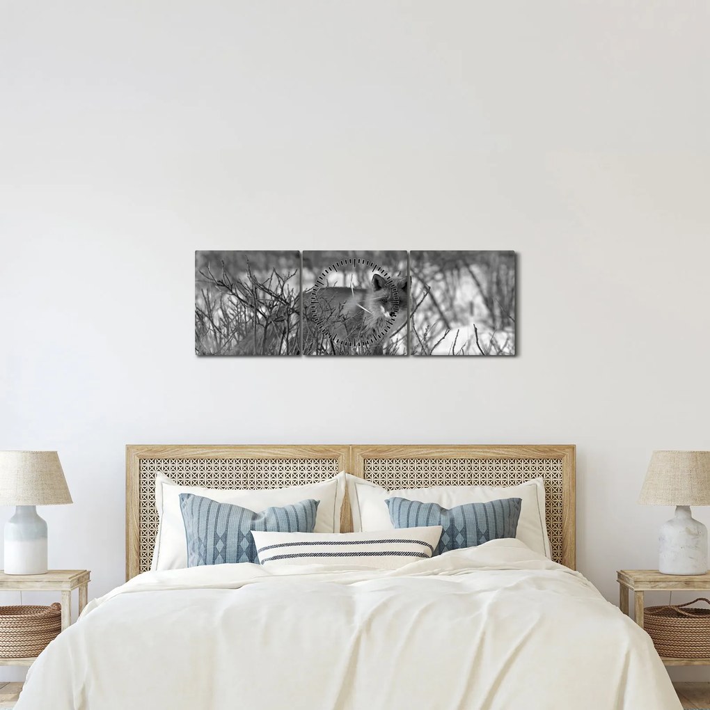 Obraz - Lis w zimie (z zegarem) (90x30 cm)