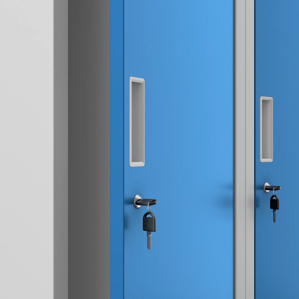 Szafka ubraniowa BHP szaro-niebieska: czterokomorowa KACPER, 800 x 1800 x 500 mm