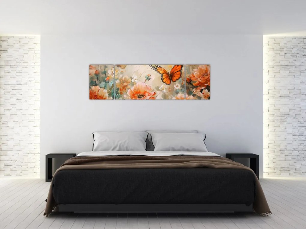 Obraz - Motyl i kwiaty, obraz olejny (170x50 cm)