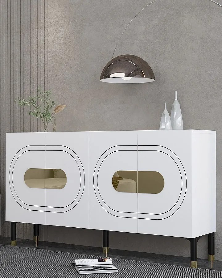 Komoda – 150 cm x 75 cm x 35 cm – Biało-złota – Płyta wiórowa