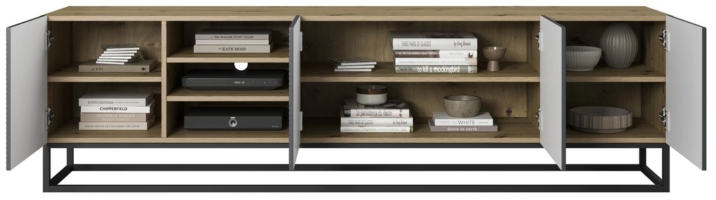 Szafka RTV Asha 200 cm z ryflowanym frontem, wnękami i metalowym stelażem - artisan / rivier stone mat