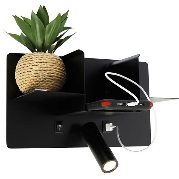 Nowoczesna lampa ścienna czarna w komplecie z LED i USB - Thijs