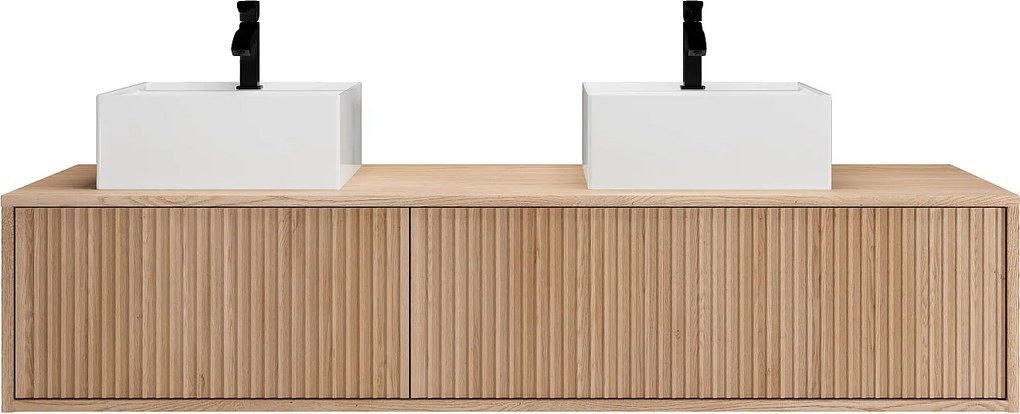 Podwieszana szafka łazienkowa prążkowana z podwójną umywalką - Jasny naturalny - 150 cm - ARNEGA