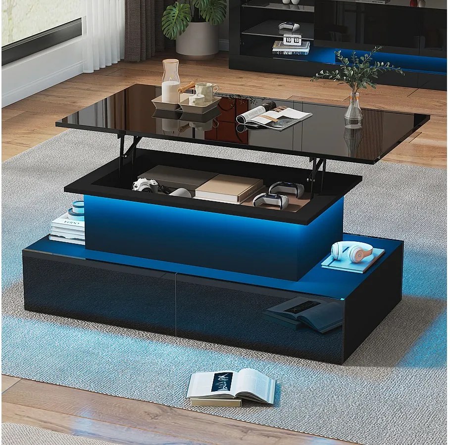 Podnoszony stolik kawowy - 90 x 55 x 41 cm - nowoczesny połysk z diodami LED + 4 szuflady - płyta wiórowa - czarny